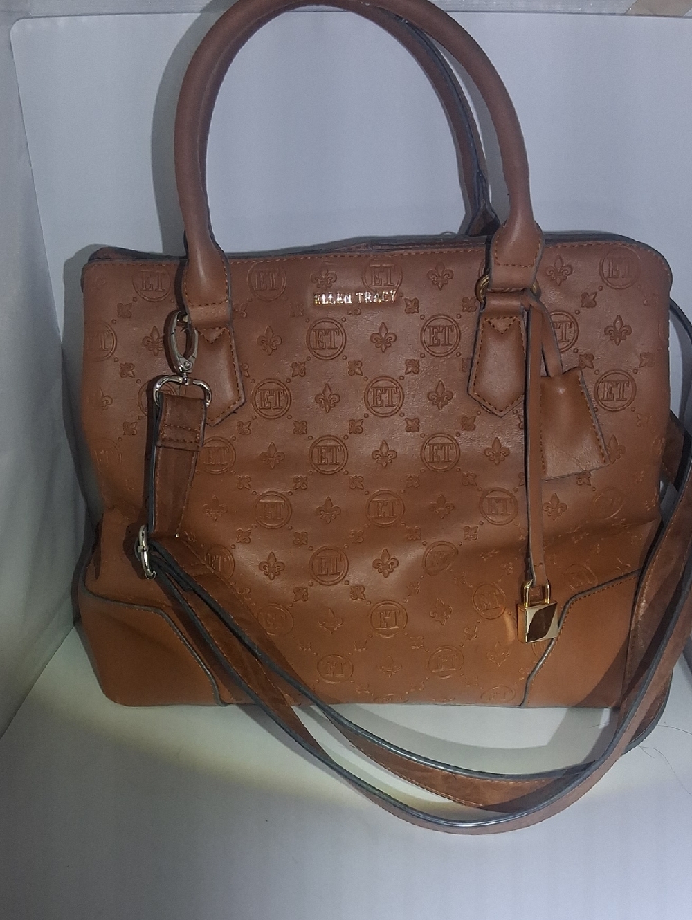 Ellen Tracy Tan Embossed Satchel with Detachable Strap